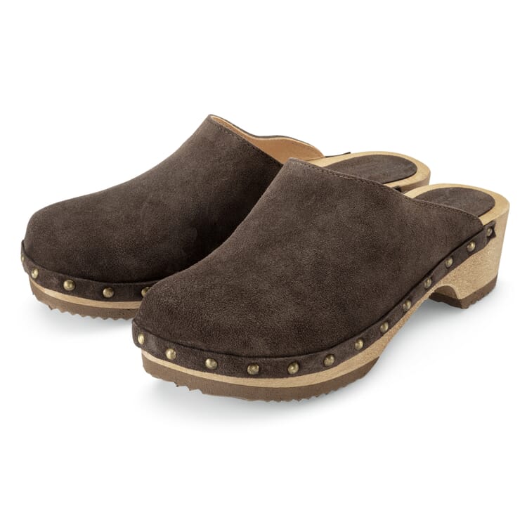 Women's Wooden Clogs, Suede, Dark brown