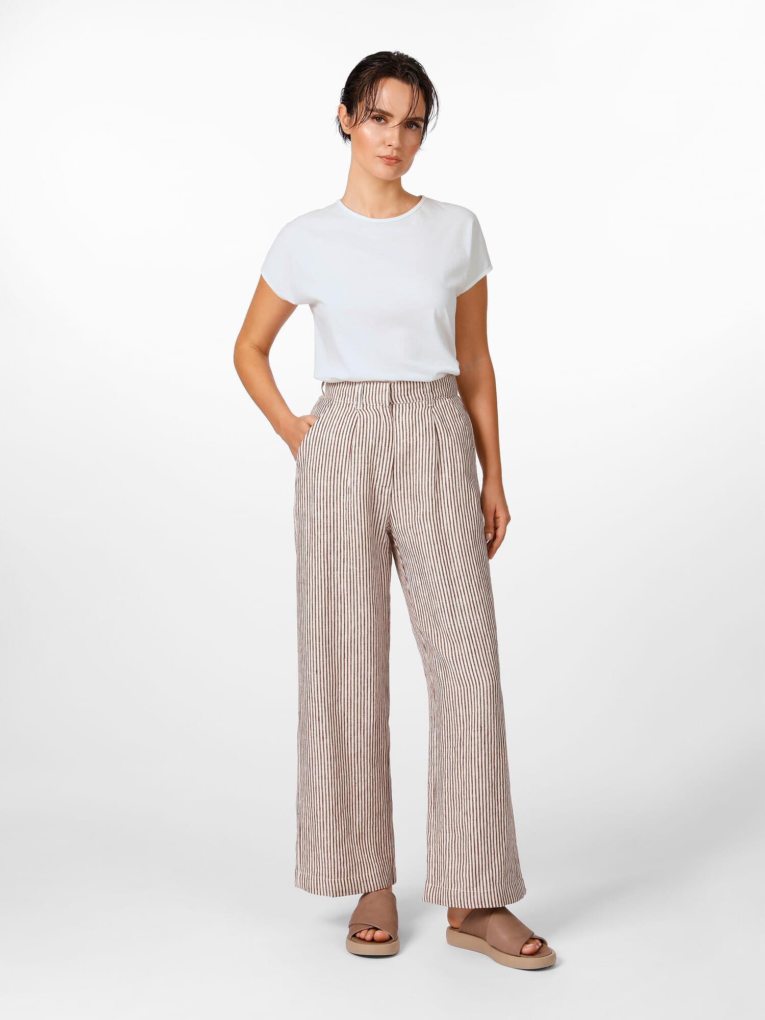Women's striped linen trousers, Brown-White | Manufactum