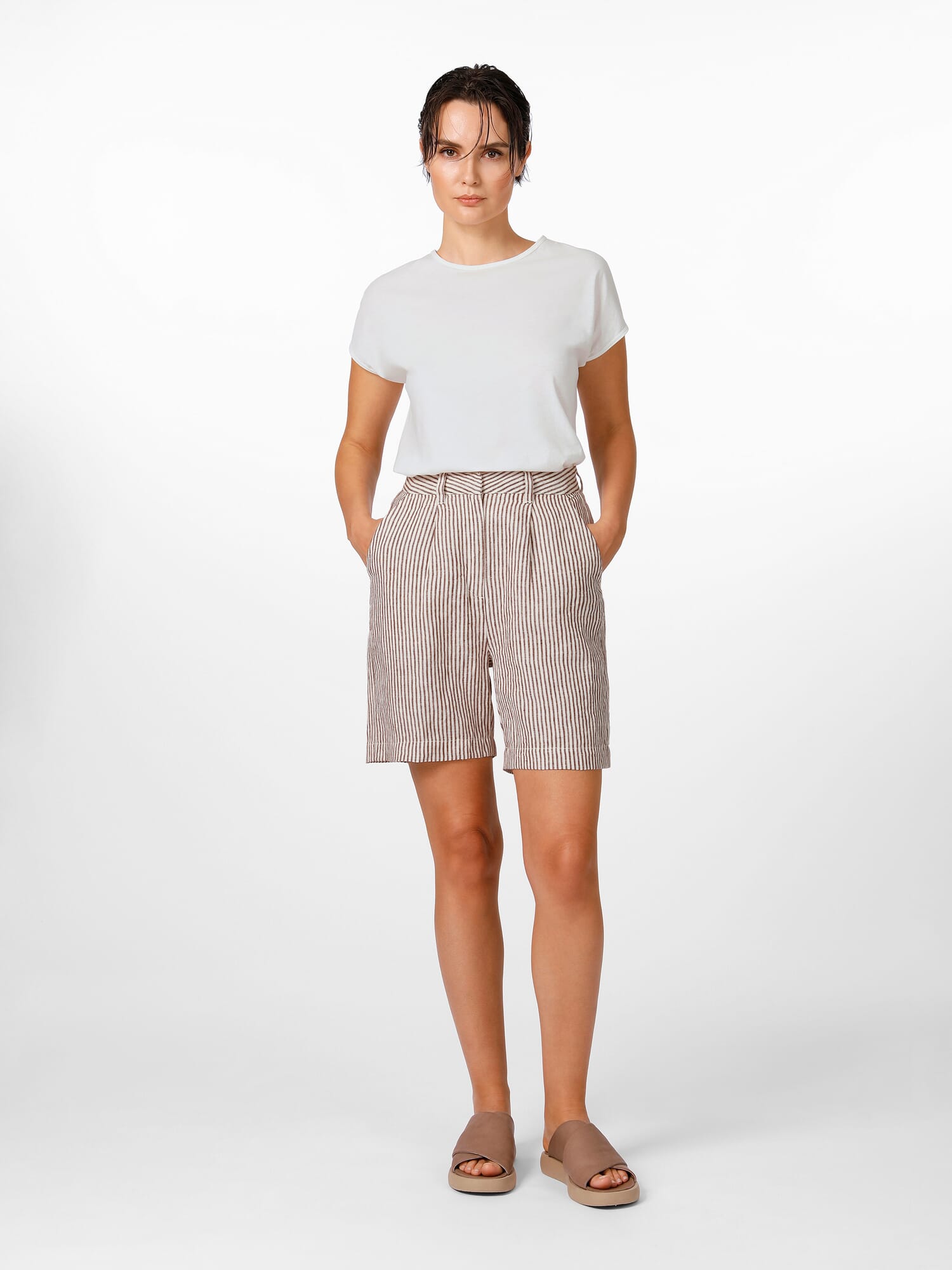 Ladies linen shorts striped, Brown-White | Manufactum