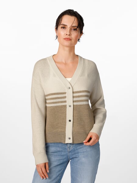 Cardigan til kvinder Hvid-beige, præsenteret på en model