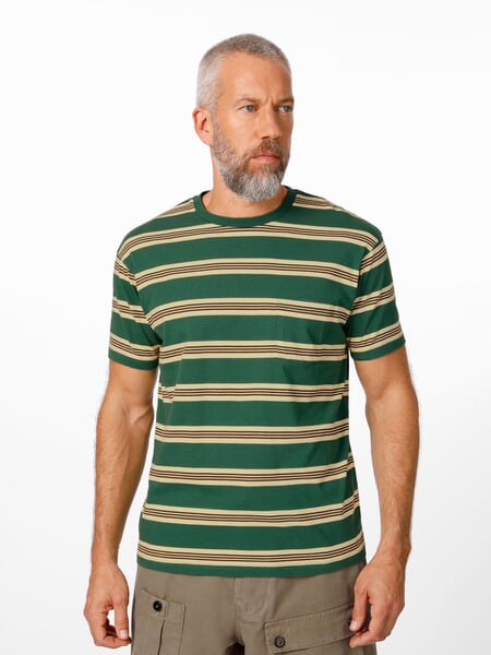 Men T-shirt 1971 stripes Green-Ecru, presented on a model