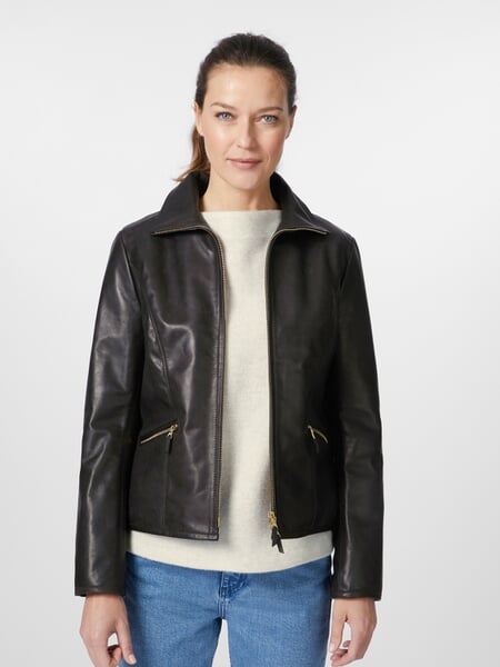 Ladies roadster jacket horse leather Black/Brown, presented on a model