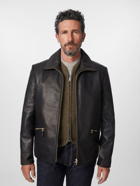Men roadster jacket horse leather Black-Brown, presented on a model
