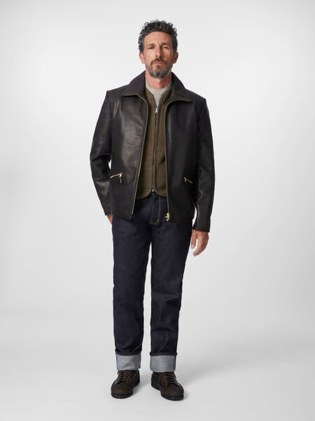 Men roadster jacket horse leather Black-Brown, presented on a model