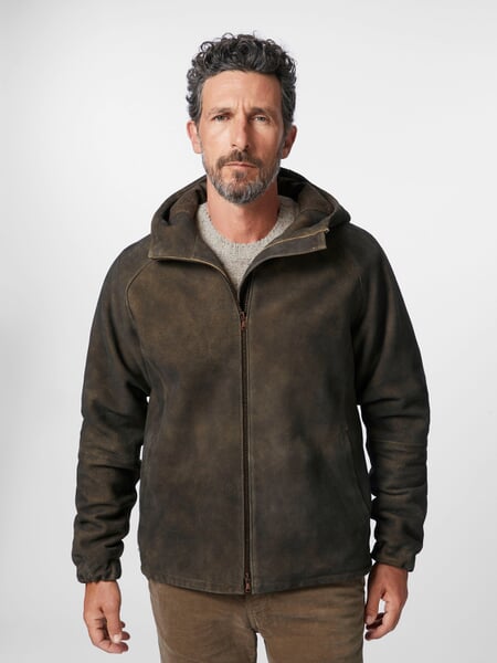 Men's hooded jacket buck suede Brown, presented on a model