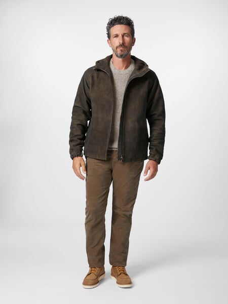 Men's hooded jacket buck suede Brown, presented on a model