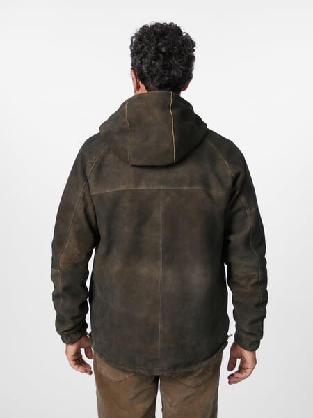 Men's hooded jacket buck suede Brown, presented on a model