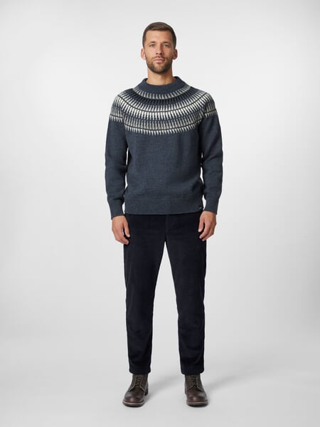 Men's round neck sweater Blue-Grey, presented on a model