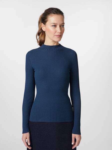 Women’s Knitted Sweater Blue, presented on a model