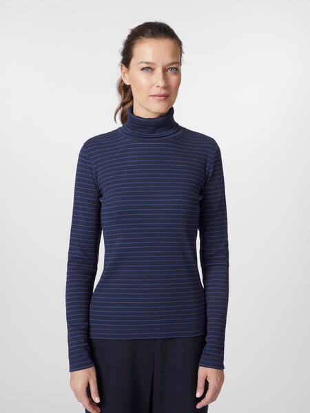 Dame-rullekraveshirt Mørkeblå-azurblå, præsenteret på en model