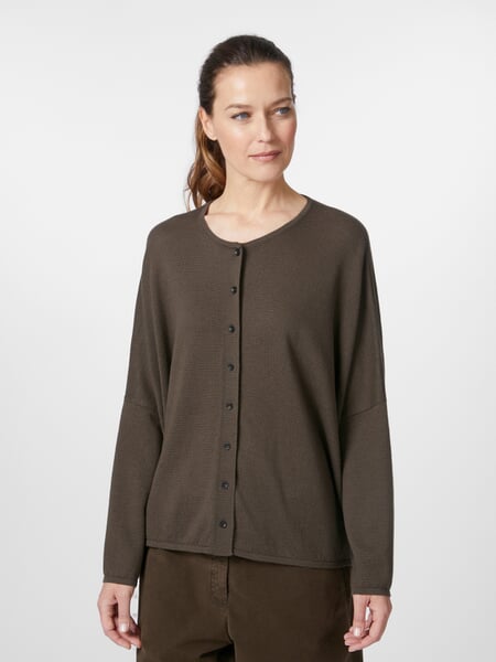 Women’s Button-Down Cardigan Brown, presented on a model