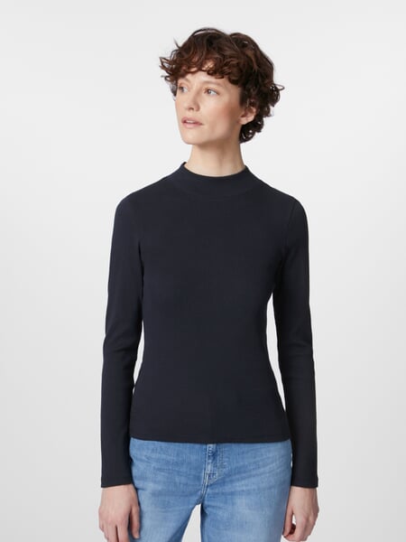 Dames-ribtrui met lange mouwen Donkerblauw, gepresenteerd op een model