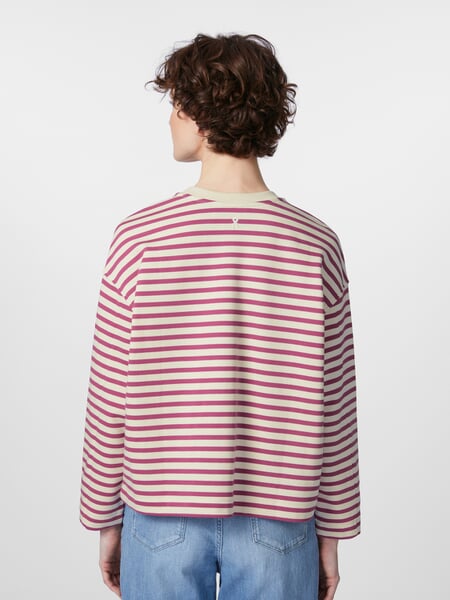Women's Striped Sweatshirt Cream-Purple, presented on a model
