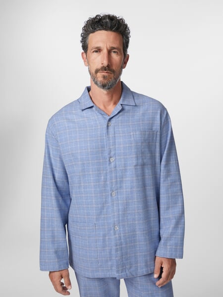 Men's flannel pajamas plaid Light blue, presented on a model