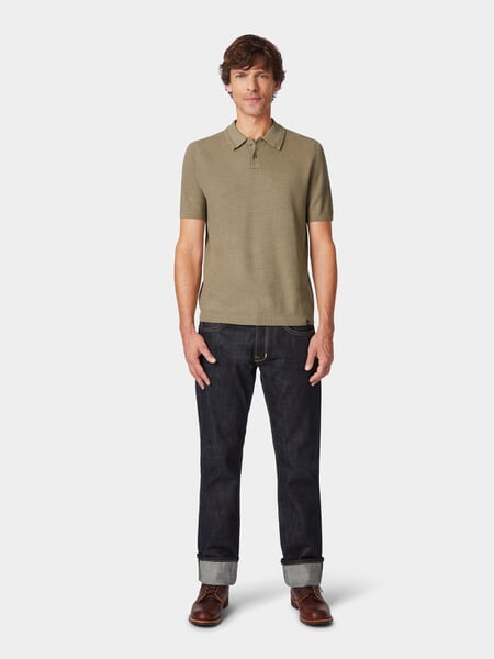 Knitted men's polo shirt Camel, presented on a model