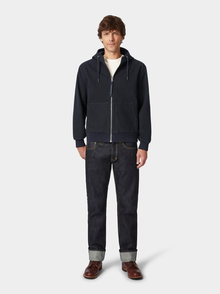 Blousonjakke til mænd med hætte Navy, præsenteret på en model