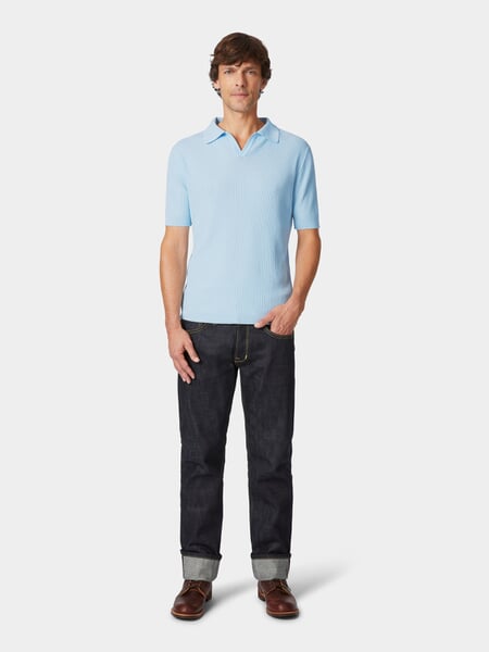 Men's knitted polo Light blue, presented on a model