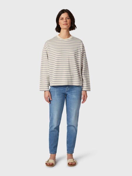 Ladies sweatshirt striped Cream-grey, presented on a model