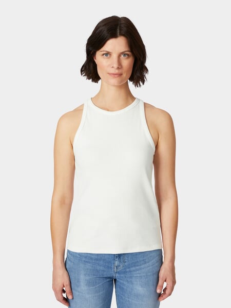 Dames-top met dubbele ribbel Natuurlijk wit, gepresenteerd op een model
