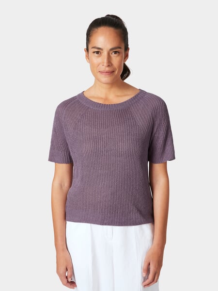 Women’s Half-Sleeve Linen Knit Top Lilac, presented on a model
