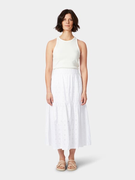 Women's Skirt with Ajour Embroidery White, presented on a model