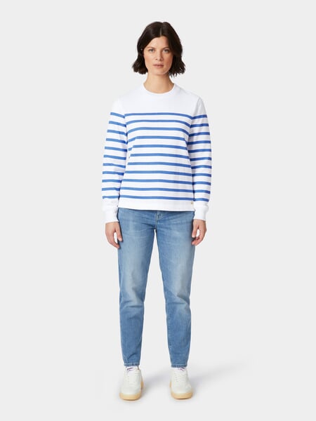 Ladies sweatshirt White-Blue, presented on a model