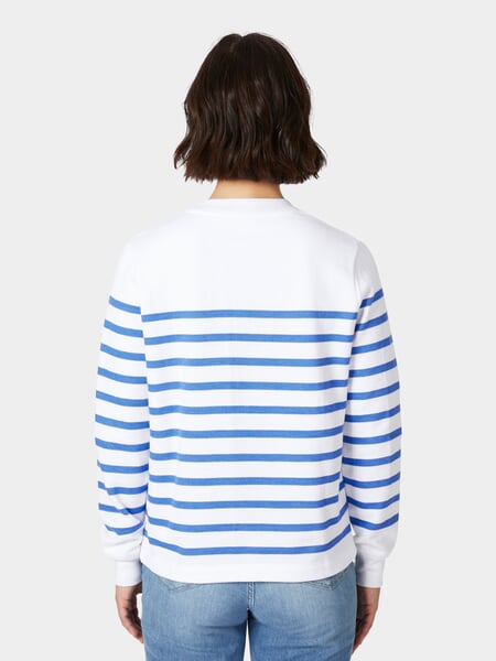 Damesweatshirt Hvid-blå, præsenteret på en model