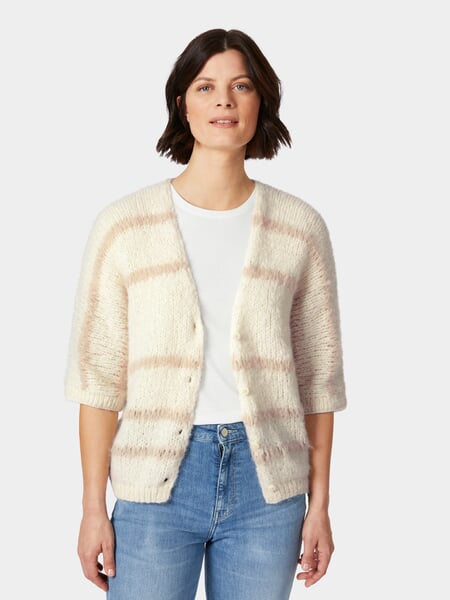 Cardigan femme manches courtes rayé Naturel, présenté sur un modèle