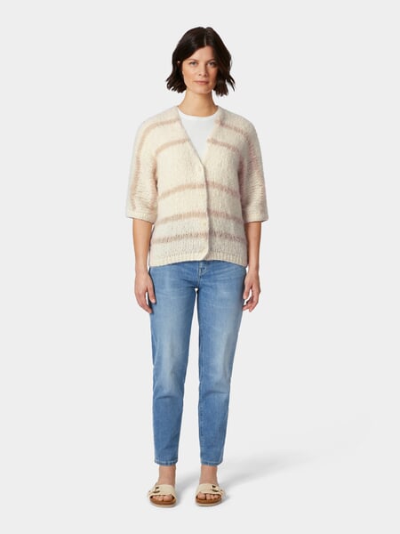 Ladies cardigan half-sleeve striped Natural, presented on a model