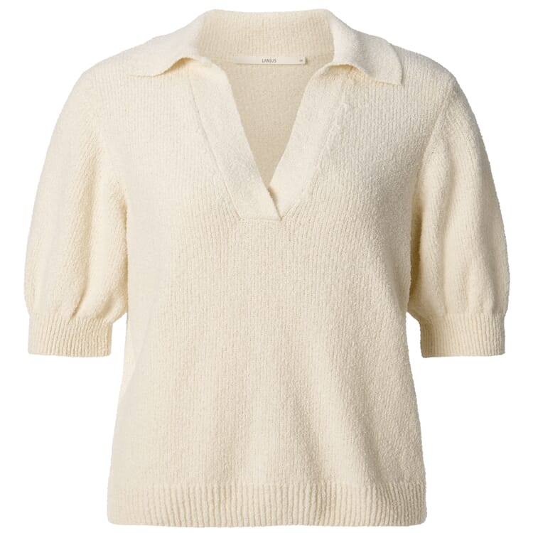 Bouclé-strikket poloshirt til kvinder, Naturlig hvid