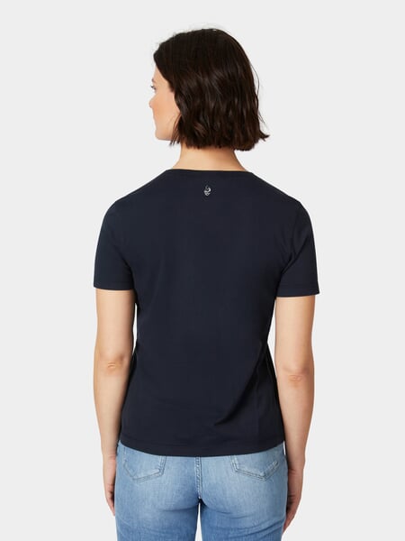 Dame-T-shirt Mørkeblå, præsenteret på en model