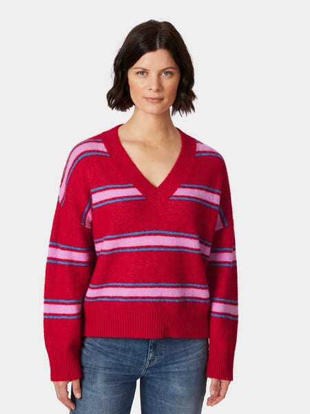 Gestreepte dames-gebreide trui Red, gepresenteerd op een model
