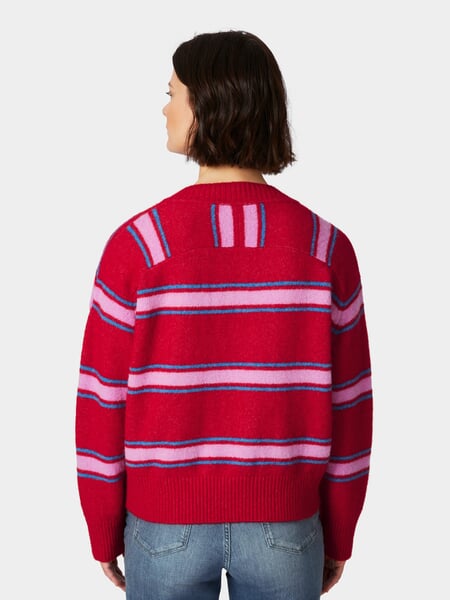 Gestreepte dames-gebreide trui Red, gepresenteerd op een model