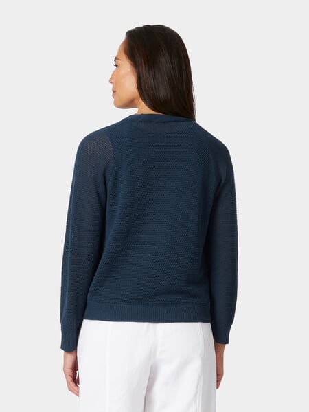 Damesvest met knopen Blauw, gepresenteerd op een model