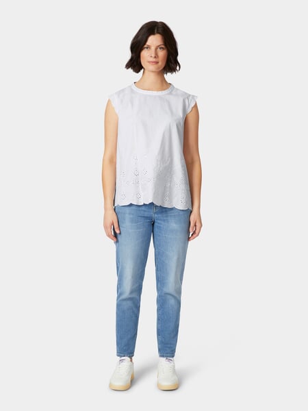 Women's Blouse with Openwork Embroidery White, presented on a model