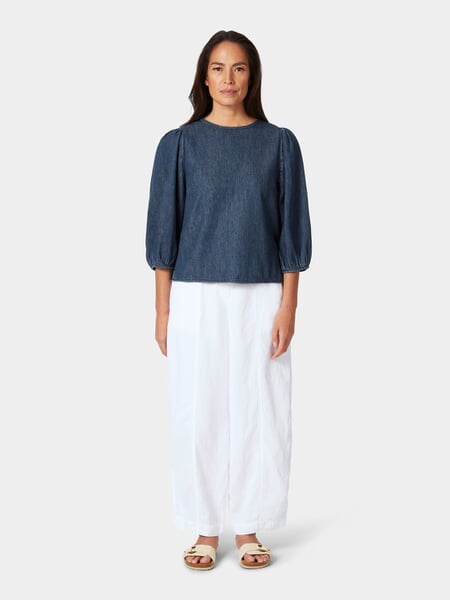 Chemisier en jean pour femme à manches 3/4 Bleu moyen, présenté sur un modèle
