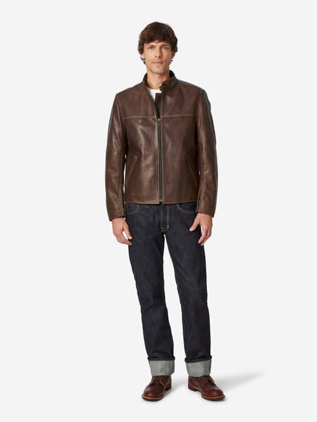 Veste en cuir Pull-up col montant Marron foncé, présenté sur un modèle