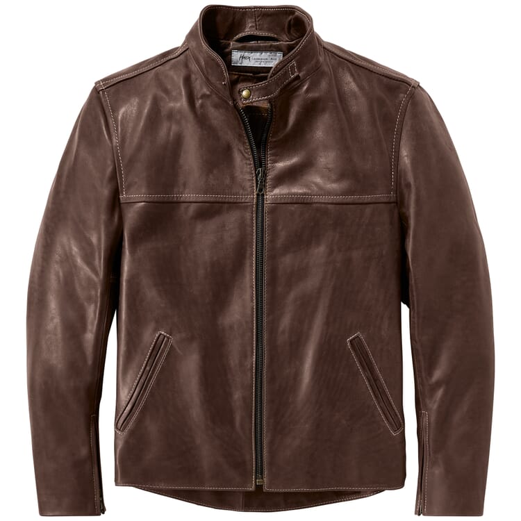 Veste en cuir Pull-up col montant, Marron foncé