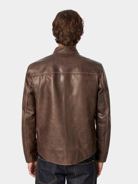 Leather jacket pull up stand up collar Dark brown, presented on a model