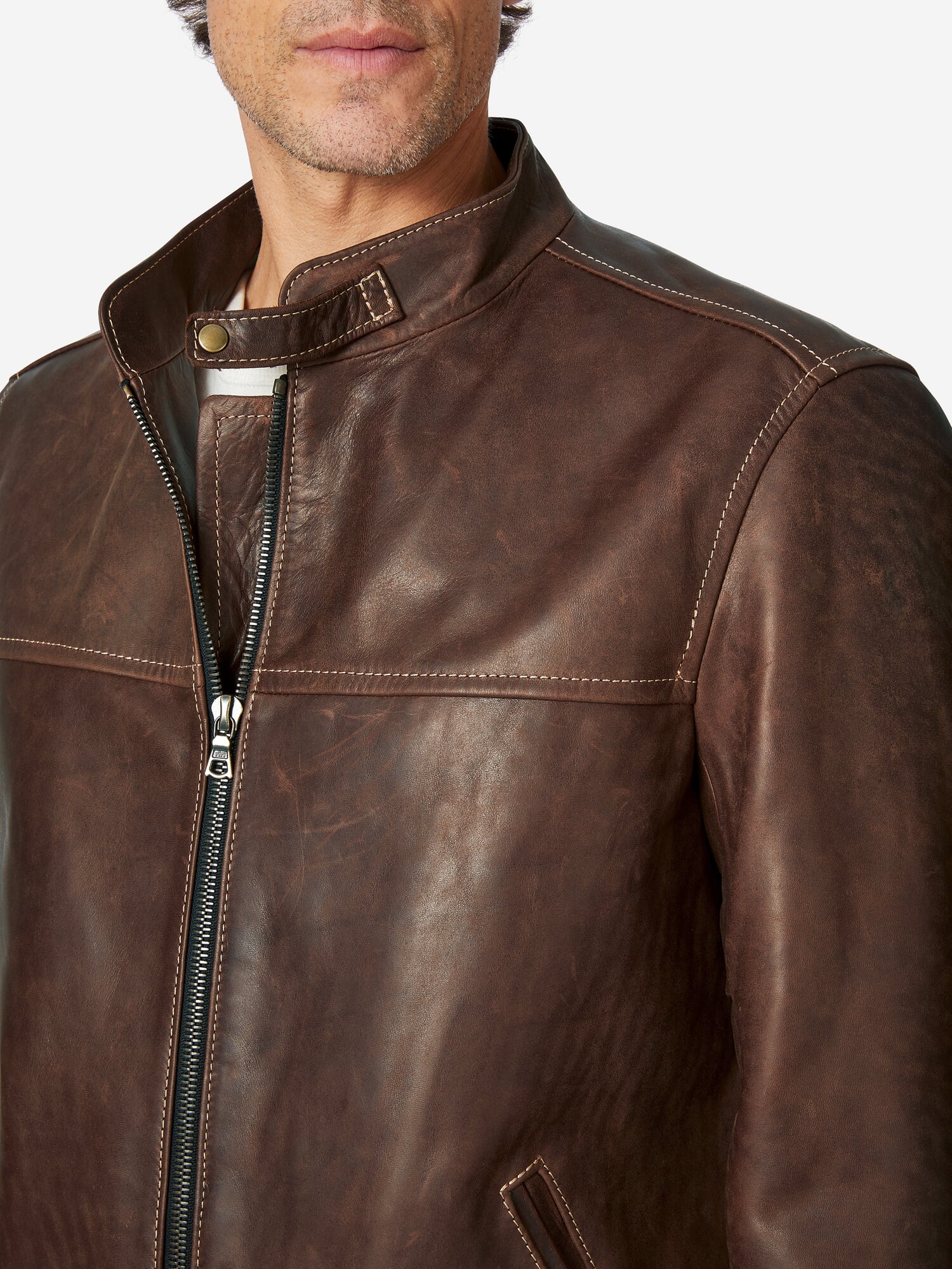 RATS STAND COLLAR LEATHER JACKET カウレザー Leather jacket pull up stand up collar, Dark brown | Manufactum
