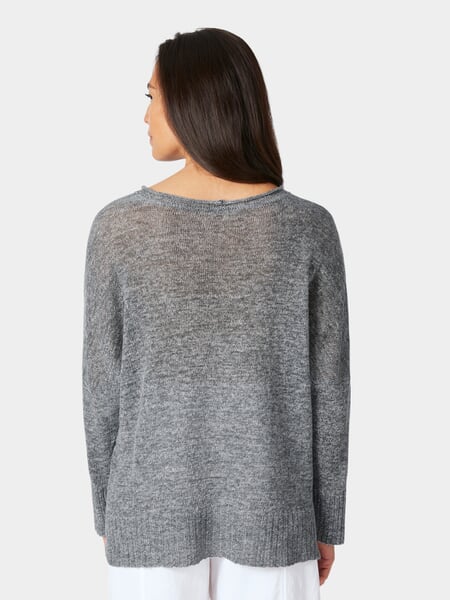 Linenbluse til kvinder Grå meleret, præsenteret på en model