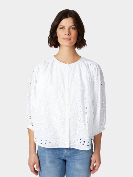 Women’s Blouse with Openwork Embroidery White, presented on a model