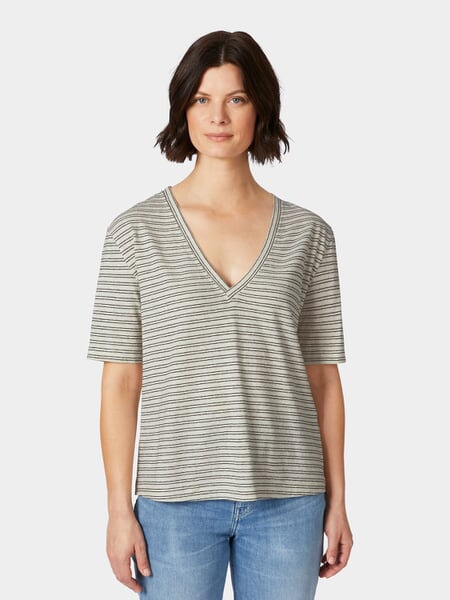 T-shirt femme à col en V Crème-Noir, présenté sur un modèle