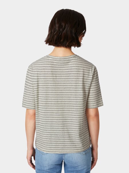 T-shirt femme col V Crème-noir, présenté sur un modèle