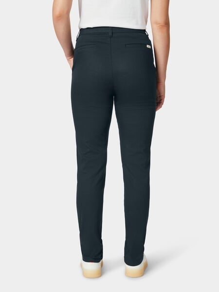Women’s Chinos." Dark blue, presented on a model