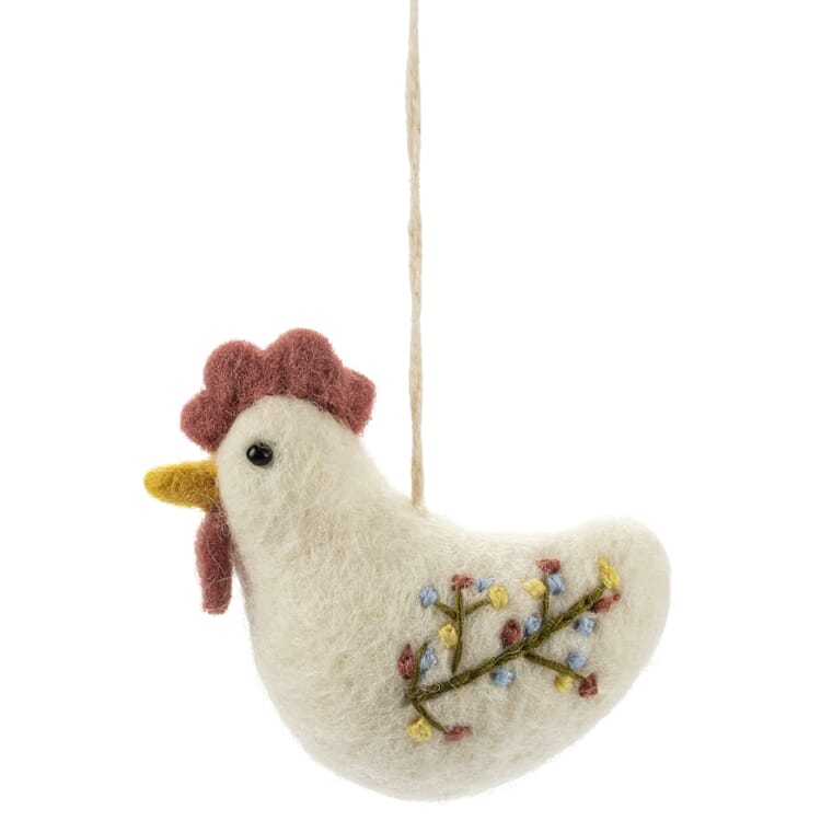 Colgante gallo de fieltro bordado, Blanco