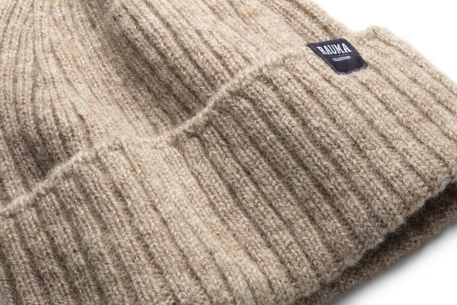 Unisex-Strickmütze Rippe Beige, Detailsicht