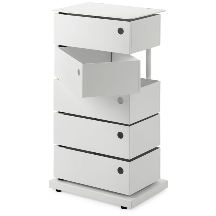 Conteneur à tiroirs pivotants en tôle d'acier, 5 compartiments, blanc