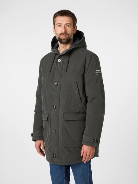 Heren winterjas Leigrijs, gepresenteerd op een model