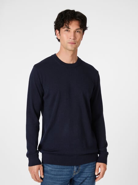 Heren Trui Merino Wol Navy, gepresenteerd op een model